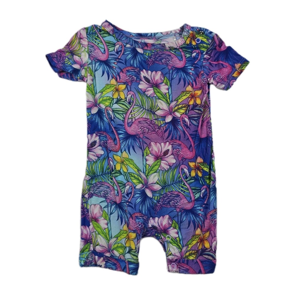 Bums & Roses Flamingo Tropical Bamboo Romper 9-12 Months Blue Pink Short Sleeve